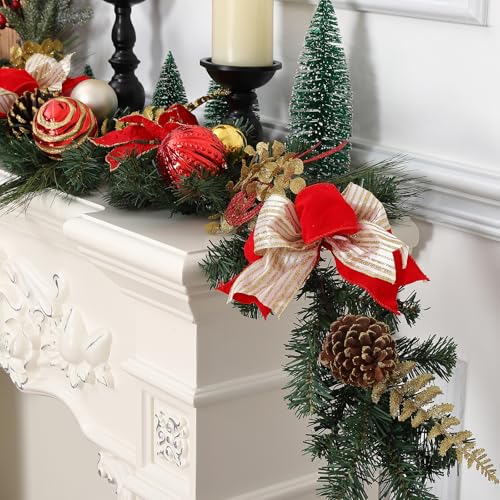 GarveeHome 6 Ft Pre-Lit Christmas Garland, Battery Operated Lighted Xmas Garland with 20 Lights & Timer, Red Gold