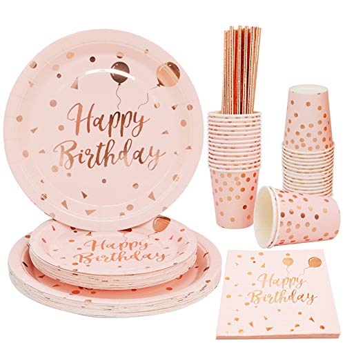 FEENRUI Rose Gold Birthday Party Supplies Set Rose Gold