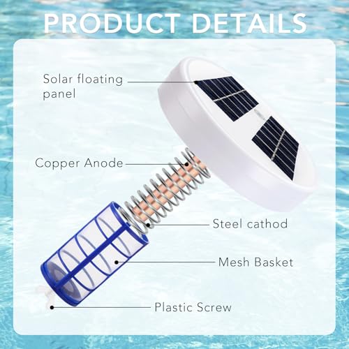 Solar Pool Ionizer - Enhanced with Latest Solar, 90% Less Chlorine, for Pools up to 35,000 Gal, Technology & Longer-Lasting Anode, Reduces Chlorine- Mineral-Based Pool Cleaning Device (White)