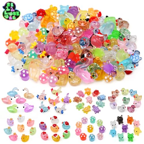 Ballery 100 Pcs Mini Resin Animals Luminous, Mini Ducks, Little Plastic Ducks Resin Axolotls Cute Colorful Glow in the Dark Little Small Animal Figures for Fairy Garden Dollhouse Plant Decorations