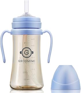 GROSMIMI Spill-Proof Magic Sippy Cup with Straw & Rotating Handle - BPA-Free PPSU 10oz for Babies & Toddlers (Sky Blue)