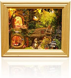 Cuteefun Miniature DIY Dolls House Kit, Wooden Photo Frame Style Doll house Kit with Furniture, LED Warm Light, Handmade Crafts for Adults Birthday, Valentine's Day Father's Day(Squirrel House)
