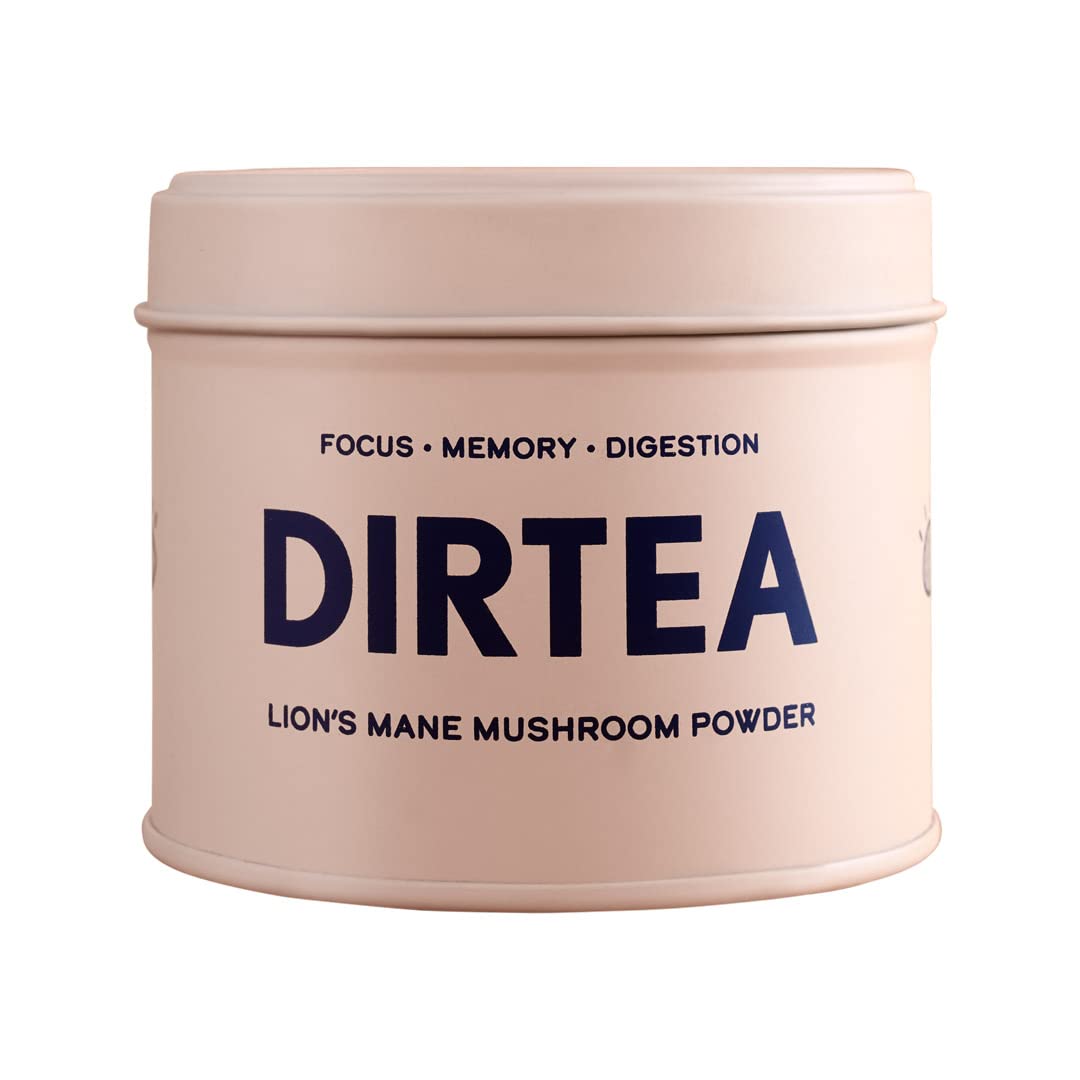 Dirtea Lion’s Mane Mushroom Powder, for Focus, Memory and Digestion, 1 60g Tin of Mushroom Powder, 60g, Containing 30 Servings, Collectable Tin, Limited Edition Tin