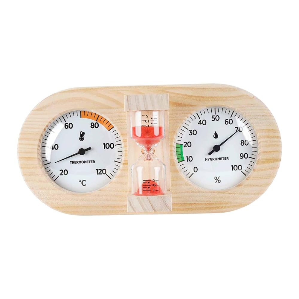 Termómetro higrómetro para sauna, con temporizador, marco de madera, indicador de temperatura, medidor de humedad, reloj de arena para sauna, hotel, dormitorio, invernadero (rojo)