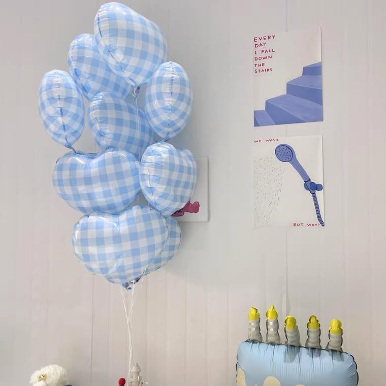 Image of 10 Pcs Blue Checked Heart Balloons, 18 Inch Pastel Blue And White Plaid Heart Shaped Balloon For Romantic Wedding Propose Valentine Engagement Bridal Shower Love Graduation Party Decorations