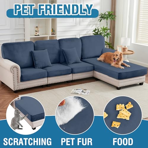 Image of Couch Cover 8-Piece Elastic Velvet Couch Cushion Covers & Chaise Slipcovers for L-Shaped Sofas, Sofa Seat Covers Washable, Soft Cover for Couches (7 Seater + Chaise, Berlin Blue)