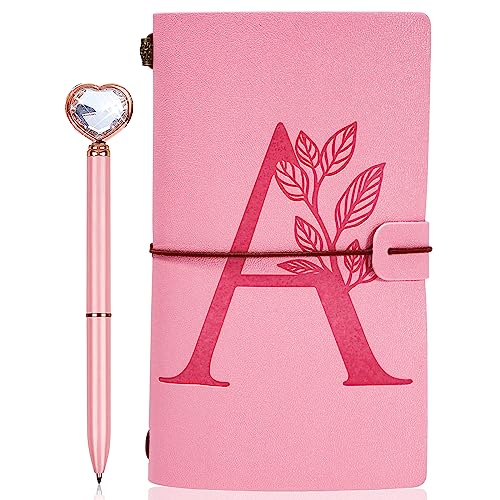 JEWPHX Personalized Journal Gift-Pink Initial Leather Journal+Heart Diamond Pen Set,Travel Notebook Diary Gifts,Refillable Notepads,Christmas,Birthday Gifts for Women Girls (7.9'x4.7') (A)