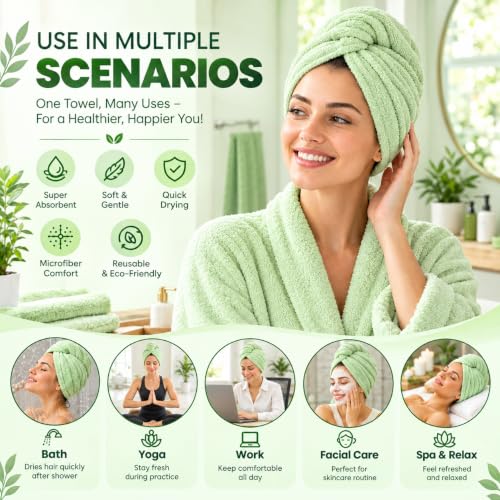 Image of Hair Towel Wrap for Women-Quick Drying Microfiber Towel for Hair with Elastic Loop for Tying-Super Absorbent Head Towels Wrap for Ladies Hair Turban (Pack of 1,Green)