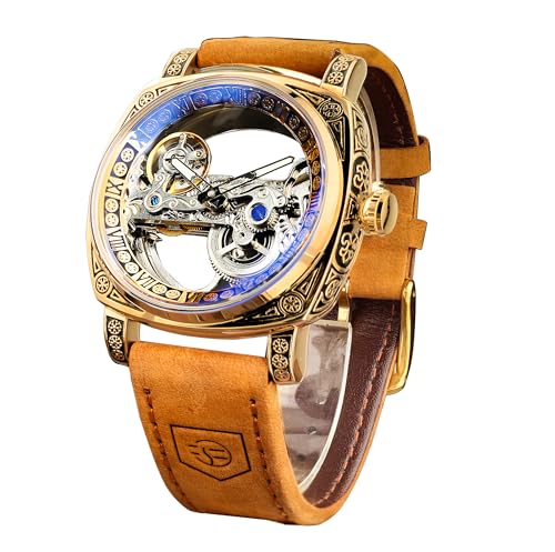 FORSINING Herren-Armbanduhr, luxuriös, quadratisch, geschnitzt, mechanisch, Retro-Totem, doppelseitig, hohl, Skelett, selbstaufziehend, Automatikuhren, Vintage-Lederarmband, Armbanduhr Reloj para