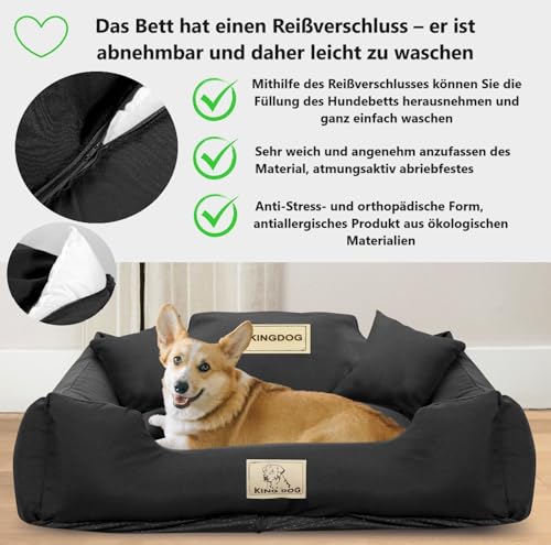 KING DOG Hundebett Grosse Hunde Waschbar L 100 x 75 cm Hundekissen Hundekorb Personalisiert - Name des Hundes Mit Reißverschluss Abnehmbares Kissen rutschfeste Unterseite Silikon Füllung Schwarz