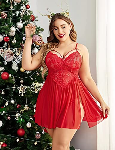 Image of Beautiful Creations Womens Plus Size Lace Floral Knee Length Babydoll Nightwear Set with G-String Panty