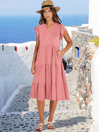 Image of ANRABESS Womens Summer Dress Ruffle Sleeve V Neck Midi Dresses Fashion Casual Fit Flowy Tiered Boho Beach Vacation Sundress