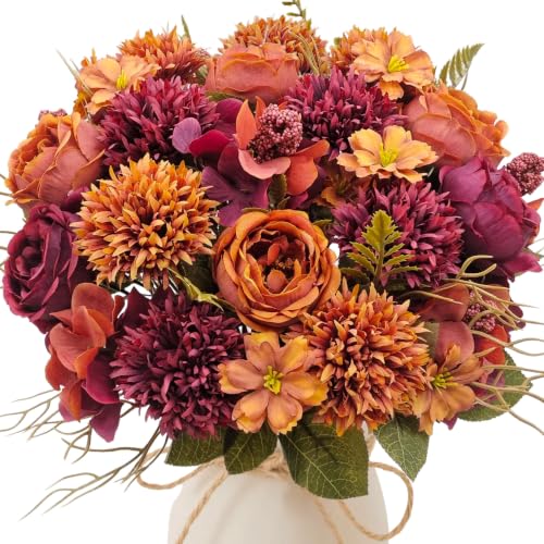 3 Bundles Fake Fall Flowers Bouquet Silk Chrysanthemums with Artificial Peony Autumn Faux Floral Arrangements for Home Living Room Kitchen Wedding Table Centerpieces Indoor Decor (Burnt Orange)
