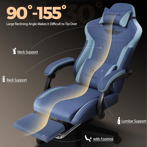 Image of GTPLAYER Gaming Chair with Footrest, Big and Tall Game Chair High Back Computer Office Chair with Lumbar Support for Adults, Ergonomic Swivel Games Chair with Cushion Gaming, Fabric Blue