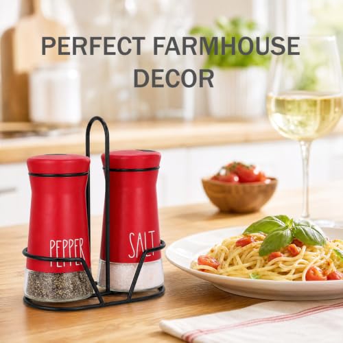 Image of Aelga Farmhouse Salt & Pepper Shakers with Holder, Adjustable Holes - Red | 4oz glass body, wide mouths for easy refills and cleaning, closed lids help keep spices fresh for kitchen and dining use.