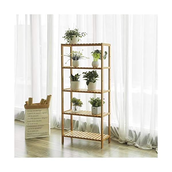 SONGMICS BCB35Y Bathroom Kitchen Storage Bamboo 5 Shelves Adjustable Floor Height Flower Stand Book Shelf Natural, 60 x 26 x 130 cm – Bild 6
