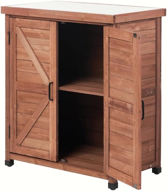 Potting Bench with Storage Cabinet and Metal Table Top for Outdoor Patio, Garden Furniture Wood Workstation Coffee 31x17x36 Inches