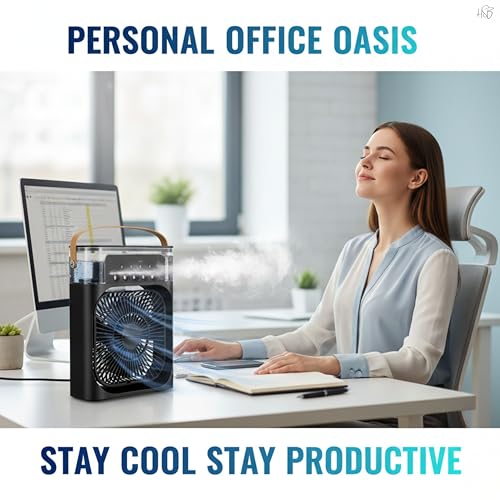 Image of Drumstone Portable Mini Air Cooler with Humidifier, 3 Speed Personal Cooling Fan, Water Tank, LED Light, USB Powered, Adjustable Airflow for Desk, Bedroom, Office & Travel