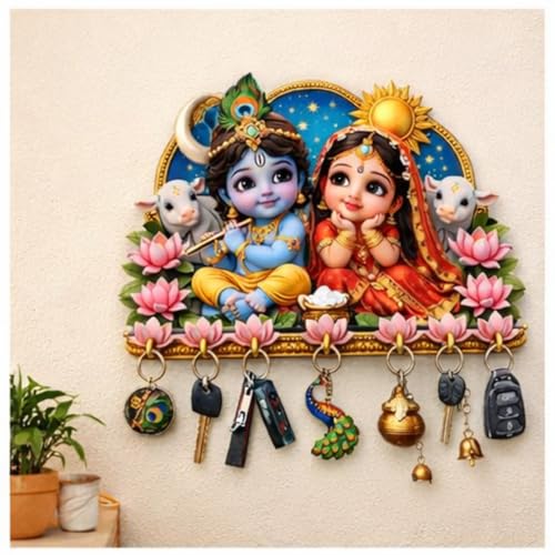 Image of Webelkart Premium Radha Krishna Wooden Key Holder for Home Decor, Wall Mount Key Hanger, Key Chain Holder for Wall, Living Room, Pooja Room