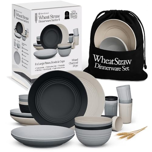 Comparison: Best Dinnerware For Rv 6 Fern & Soul Wheat Straw Dinnerware Sets, Dish Set for 8, 24 pcs with Storage Bag. Unbreakable, Dishwasher Safe, Kitchen Plates Bowls Sets, College Dorm, RV Camping Dishes Plate Set (Charcoal)