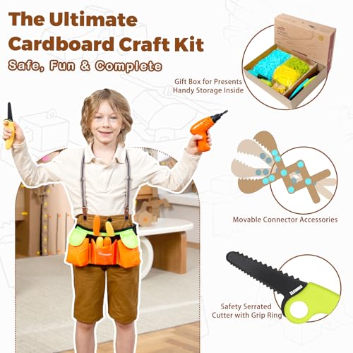 Image of Cardboard Construction Kit - 401 PCS Kids Building Set with Safe Serrated Cutter, Crease Roller, Screws & Nuts, STEM Upcycled Tool for DIY Cardboard Projects, Engineering & Creativity