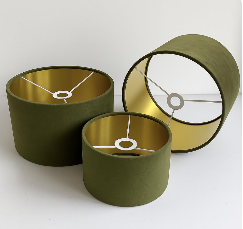 Abat-jour en velours pelucheux pour plafond, table, lampadaire avec doublure dorée brossée, fait à la main au Royaume-Uni (olive, diamètre 30 x 20 cm hauteur)