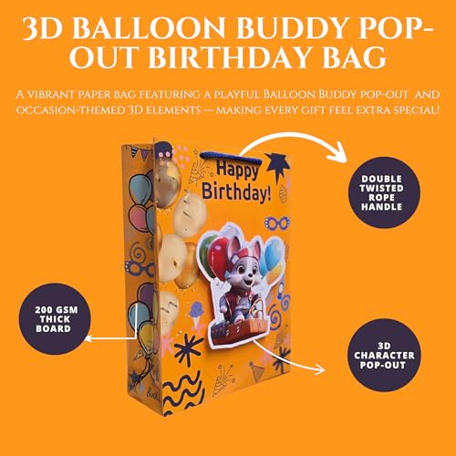 Image of TASCHE 3D Balloon buddy pop up Gift Bags for Return Gifts | Pop-Out Paper Bags for Kids Birthday, Baby Shower, Party Favors | 11x8x3 Inches (BEAR POP, Pack Of 8)