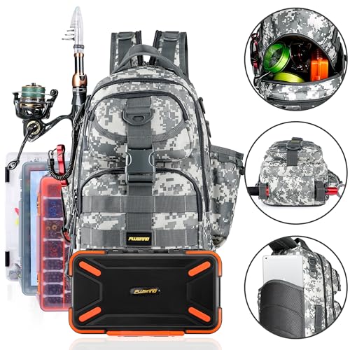 Image of PLUSINNO Fishing Backpack Tackle Bag, Water-Resistant Backpack with Rod Holder, Ideal Gifts for Men