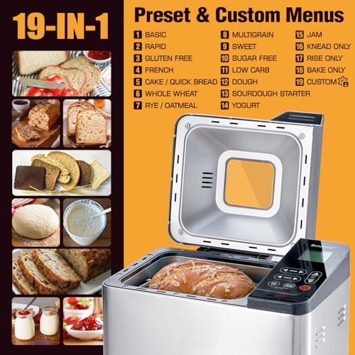 Bread Maker Machine with Ceramic Nonstick Pan, 19 Menus, 2 Pound Stainless Steel Breadmaker with Glass Touch Panel, Gluten Free, Sourdough Starter, Custom Setting, 3 Loaf Sizes & Crust Colors
