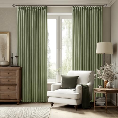 Image of Olive Green Pinch Pleated Linen Semi Sheer Curtains 72 Inch Long