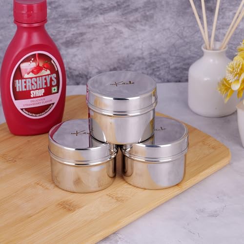 Image of Stainless Steel Masala Box Set of 3 with Lid (120ML Each), Small Spice Container Set, Steel Storage for Masala, Pickle, Chutney, Mukhwas, Clove, Portable Kitchen Organizer