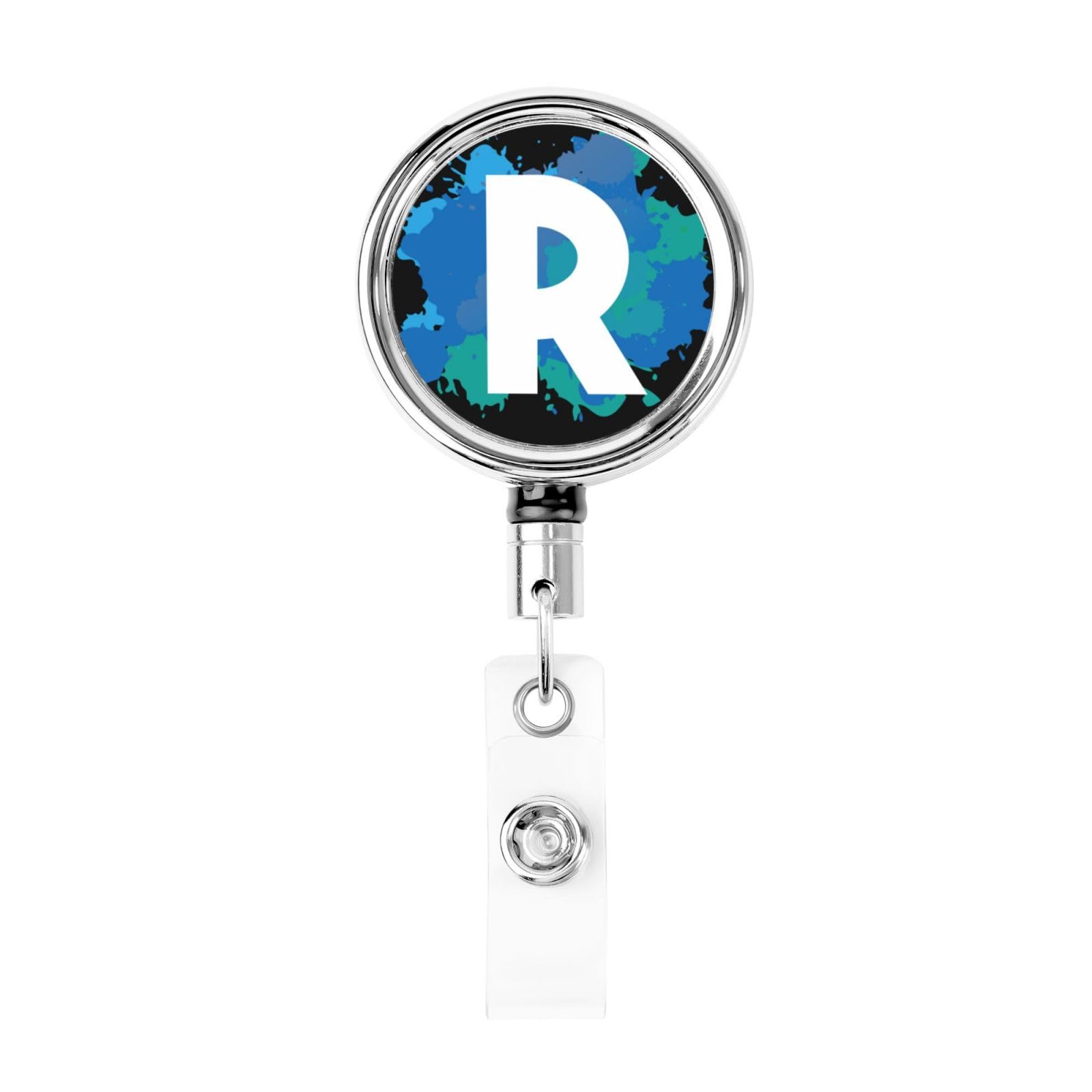 Initial Retractable Badge Holder, Colorful Badge Key Chain with Belt Clip, Metal ID Card Holder with Badge Reel for Nurse, Volunteer, Teacher, Student, Office, Splatter Letter R