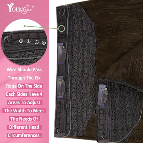Image of YoungSee Wire Hair Extensions Real Human Hair Brown Wire Extensions Real Human Hair Brown Straight Human Hair Fish Line Extension Easy to Apply and Remove 18 Inch 80g