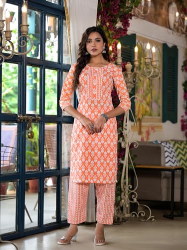 Image of Juniper Orange Ethnic Motif Printed Cotton Kurta & Pant Set With Lace