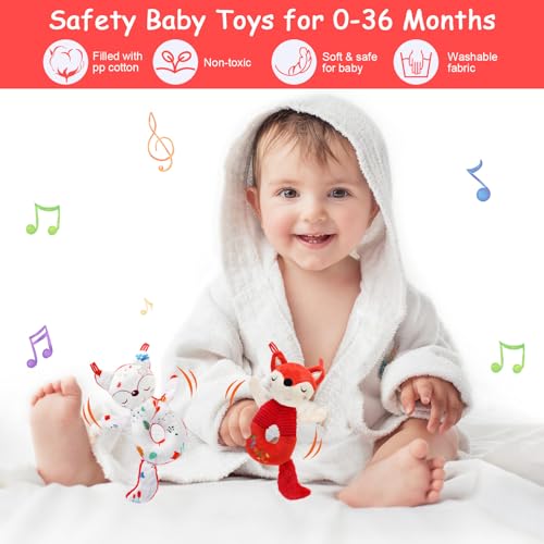 BelleStyle Greifling Baby mit Rassel, Motorikspielzeug Babyrassel Spielzeug für Neugeborene 0-6 Monate, Plüschtier Kuscheltier Babyspielzeug Geschenk für Babys Kleinkinder ab 0+ Monaten - Fuchs