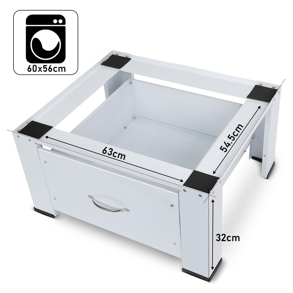 Waschmaschinen-Untergestell inkl. Schubladen, Metall Unterbau Podest Sockel für Trockner, Unterschrank Erhöhung für Waschmaschinen, Max. bis 150 kg, 63(L) x54.5(B) x32 cm(H), Weiß