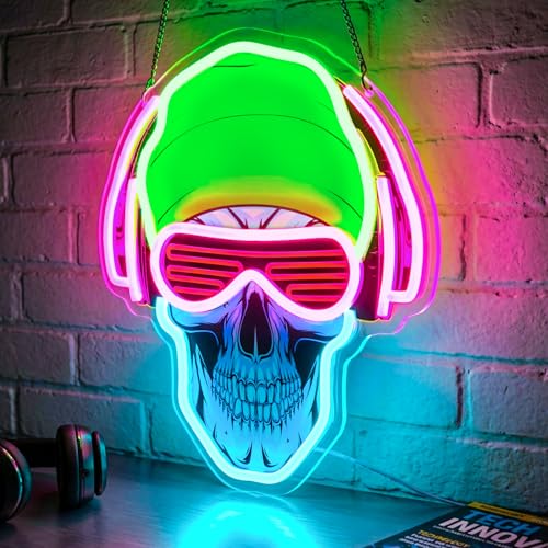 Image of Headphones Skull Neon Sign, LED Gamer Neon Light, Dimmable Gaming Neon Signs for Bedroom, Gaming Room, Man Cave, Party, Cool Aesthetic Room Decor for Teens Boys