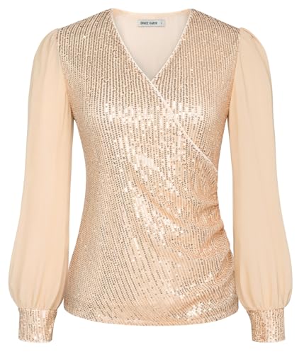 GRACE KARIN Blusa Elegante de Mujer con Cuello en V, Ajuste ceñido, con Lentejuelas, Adecuada para Fiestas y Ocasiones Especiales, en Gasa, para los Invitados de una Boda. Top Dorado, Talla S.