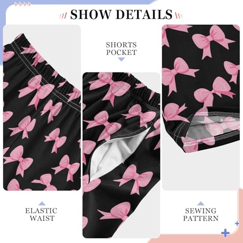 Pajama Pants Sleep Pants Soft Elastic Waist Pajama Lounge Pants Pink Bow Black Background for 6-14 Years Old4