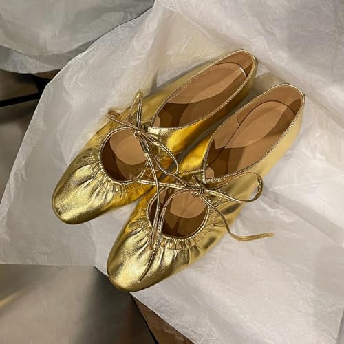 Women's Wrinkled Leather Lace Up Flat Mules Fashion Lace Up Closed Round Toe Shallow Mouth Ballet Shoes Comfortable Lightweight Luxury Casual Business Wedding Dress Shoes2