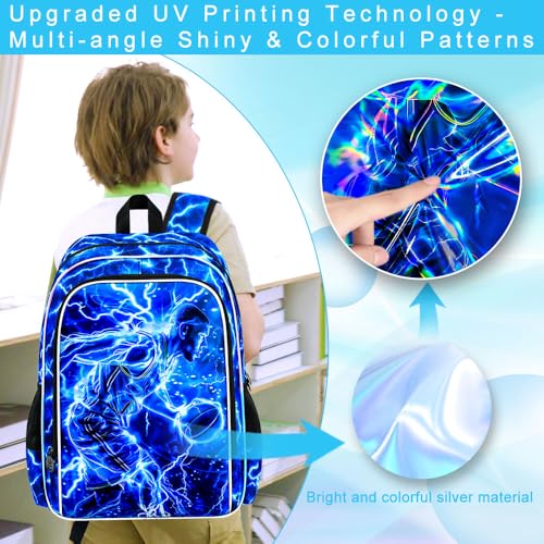 Image of 3Pcs Basketball Backpack for School, Kids Boys Lightning Bookbag with Lunch Box, 17 inch Backpacks for Elementary Preschool Kindergarten (Blue)