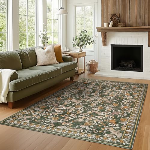 TOPICK Floral Area Rug 150x210cm Washable Vintage Soft Non-Slip Distressed Orange Green Carpet Low Pile Accent Lareg Rug for Living Room Kitchen Bedroom Dining Room Nursery