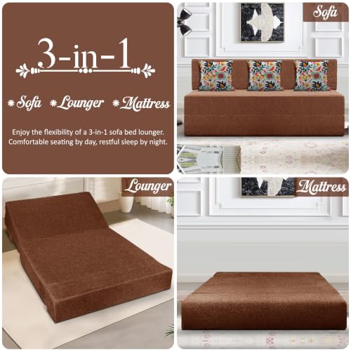 Image of Los Angeles Foldable Three Seater Sofa Cum Bed, Sofa Bed 5 X 6 Feet Jute Fabric Washable Cover- Including Cushion Perfect for Living Room - Brown