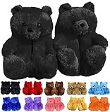 LELEBEAR Teddy Bear Slippers, Cute Furry Winter Warm Faux Fur Big Cartoon Bear Slides Shoes (Black)