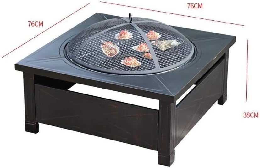 Outdoor Fire Pit Metal Square Firepit Patio Stove Wood Burning BBQ Grill Fire Pit Bowl with Spark Screen Cover, Log Grate, Poker for Backyard Garden Camping Picnic Bonfire