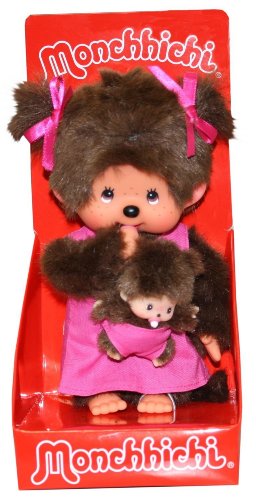 Sekiguchi 236200 - Original Monchhichi Mutter mit Baby, Plüschfigur mit pinkem Kleid und Schleife im Haar… – Ansicht 2