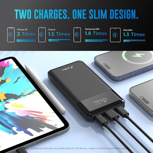Image of URBN 10,000 mAh Edge Power Bank with Smart LED Display, Ultra Slim & Compact, 22.5W Fast Charging, Power Delivery, Quick Charge, Triple Output(1-USBA, 2 USB-C) iPhone, Samsung, Android & More - Black
