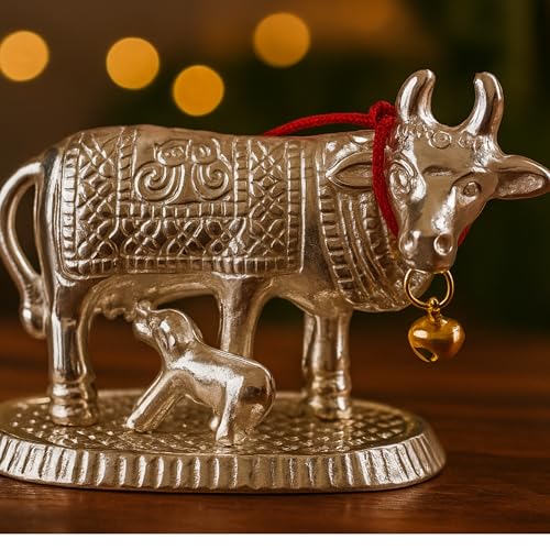 Image of Kamdhenu Cow and Calf Statue | Silver Matte Finish Decorative Murti Decorative | Handcrafted Holy Idol | Vastu Spiritual Showpiece | Home Office Decor | Housewarming Diwali Gift