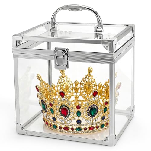Okllen Crown Boxes for Pageants Transparent Acrylic Portable Cosmetic Case Crown Case for Vanity Bathroom Counter Dresser Silver