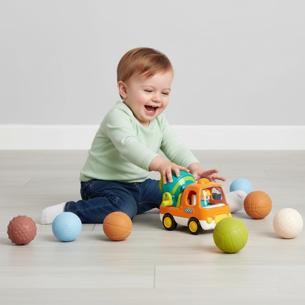 Sensory Balls for Babies & Construction Excavator Toys for Toddlers 1-3, Textured Montessori Baby Toys 6-12 Months Wheat Straw Balls, Friction Powered Push and Go Trucks with Lights and Music